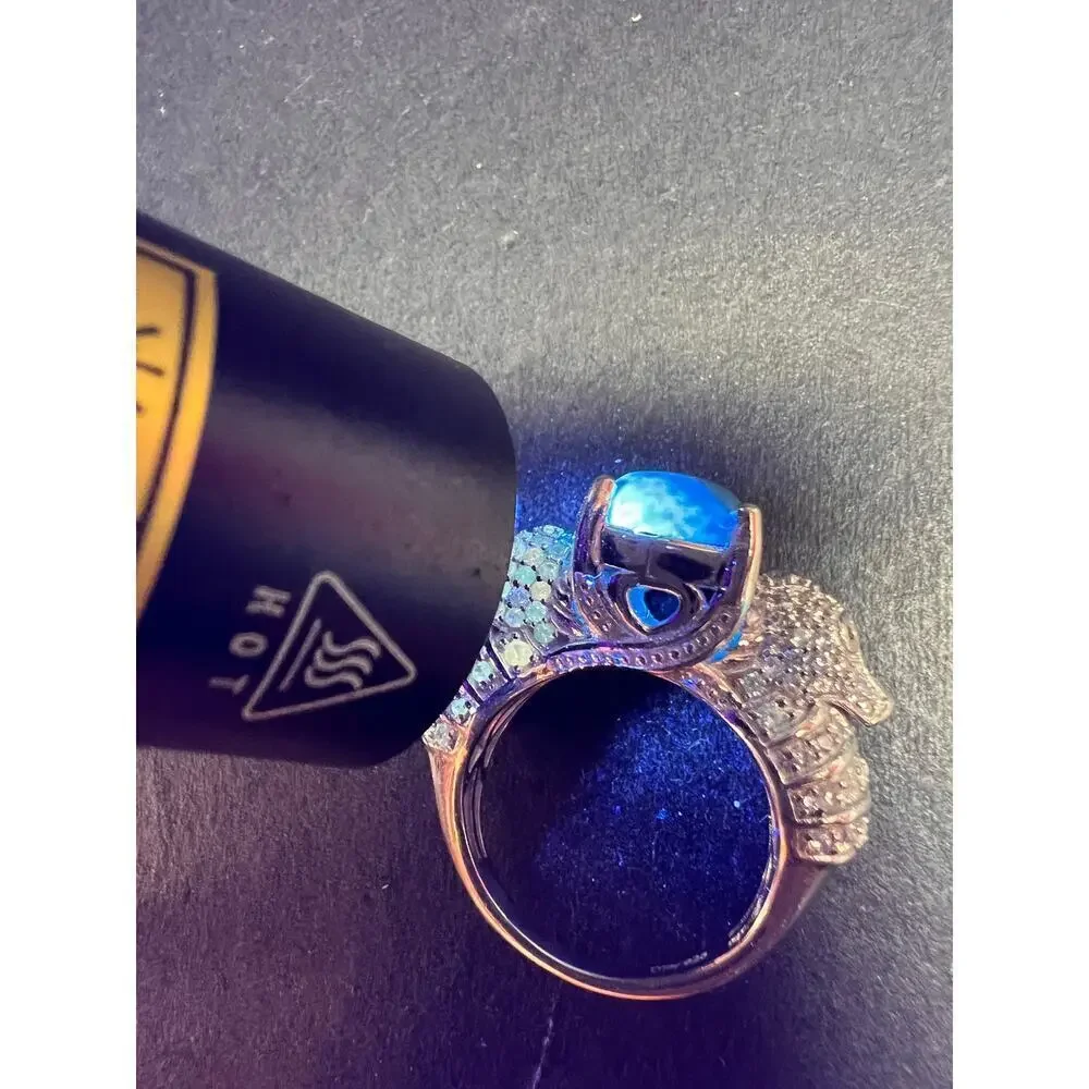 NEW Ceruleite and zircon seahorse ring in sterling silver size 8